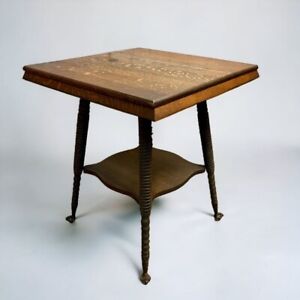 Antique 1900s Oak Parlor Side End Table W Glass Ball Claw Feet