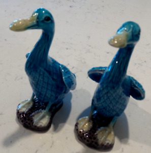 Antique Pair Chinese Export Majolica Turquoise Blue Goose Or Duck Figurines