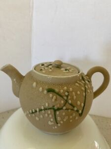 Antique Japanese Moriage Meiji Sharkskin Pottery Teapot With Tea Strainer