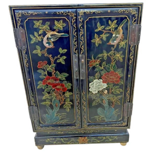 Vintage Chinese Console Cabinet Double Doors Interior Shelf Hand Painted Black