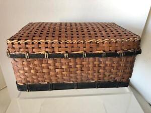 Vintage Japanese Woven Rattan Box Beautiful Intricate 10x5x7 1960 S