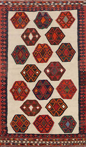 Vintage Vegetable Dye Ivory Kilim Reversible Rug 4x7 Flatweave Geometric Carpet