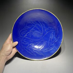 Rare Chinese Porcelain Ding Kiln Blue Glaze Fish Design Big Bowl