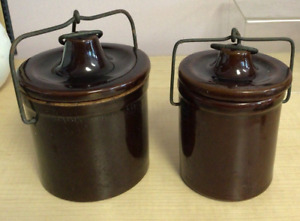 Two Vintage Dark Brown Stoneware Old Cheese Crocks W Wire Clamp Lids