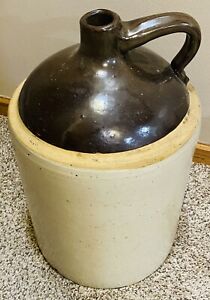 Antique Stoneware Crock 5 Gallon Jug Two Toned Brown Cream With Handle