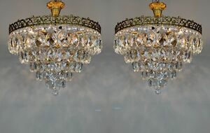 Pair Of Antique Vintage Brass Bohemia Crystals Chandelier Lighting 1950 S