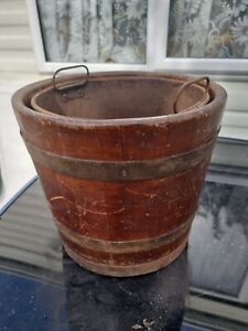 Antique Wooden Bucket Oak Iron Bound Coopered Form English 30cm Tall 33cm Wide