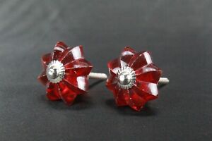 Antique Victorian Style Red Glass Door Knobs Set 2 Pcs Thick Glass Metal Base