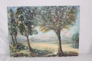 Lg 24 Vintage Folk Art Impasto Painting Landscape Country Mountains Tree