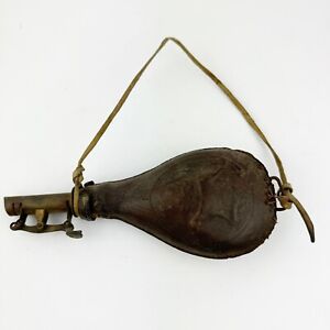 Antique Civil War Period Leather Brass Powder Horn Flask Hunting Dog Design