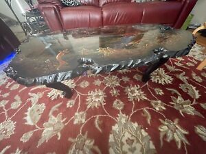 Antique 44 X26 Chinese Black Lacquer Wood Mother Of Pearl Inlay Coffee Table