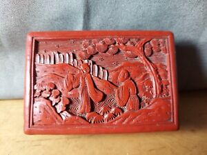 Vintage Chinese Carved Cinnabar Lacquered Box Monks In A Garden
