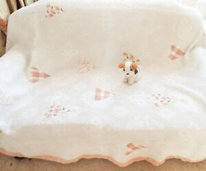 Antique Appliqued Pink Hearts Tea Dye Cotton Lace Edge Bedspread French 1920s