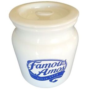 Famous Amos Ceramic Vintage White Blue Collectible Canister Cookie Jar