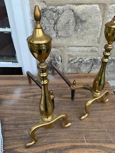 Puritan Vintage Fireplace Andirons Solid Brass Fire Dogs Firelog Holders 18 