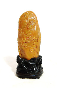 Nice Hand Carved Chinese Yellow Shou Shan Stone Boulder 4