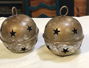Vintage Metal Hanging Ornament Bell Balls With Stars 5 Diameter Set Of 2