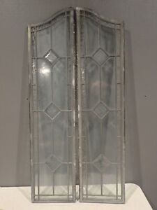 Pair Of Antique Leaded Glass Arched Top Windows 36 5 X 8 5 Each Panel Diamond