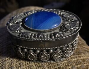 Oval Trinket Box Metal Gemstone Antique Rare 3 Blue Velvet Inside