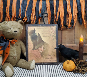 Old Primitive Vintage Folk Art Style Halloween Eve Scared Witch Cat Beware Sign