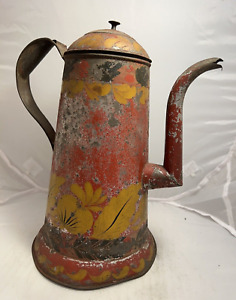 Antique 19th Century Pa Tin Toleware Folk Art Coffee Pot