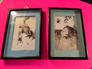  2 Vintage Japanese Bird Feather Pictures Framed Under Glass Signed
