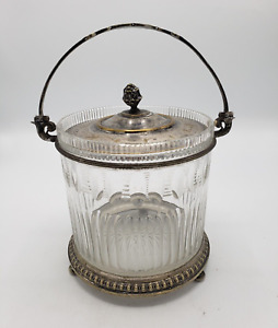Antique Biscuit Jar Cut Glass And Silverplate Signed Henniger Circa 1860 1900