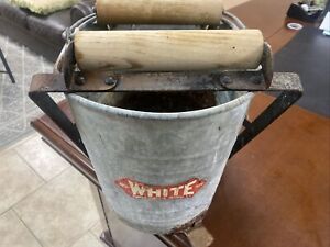 Vintage White Mop Bucket Wringer Galvanized With Foot Pedal Wooden Rollers Usa