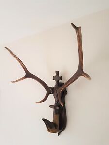 Antique 19th Century Black Forest St Hubertus Mounted Antlers Hunting Plaque