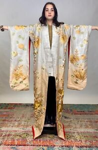 Mid Century Brocade Silk Embroidered Japanese Uchikake Wedding Kimono As Is