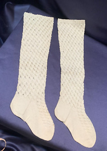 Sweet Old Antique Hand Knit Little Girls Cream Socks Stockings With A Pattern