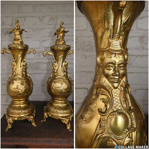 Pair Antique Copper Statue Vase Portrait Heads Urns