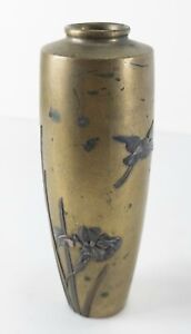 Antique Japanese Meiji Mixed Metal Bronze Vase Shakudo Iris Crane Signed