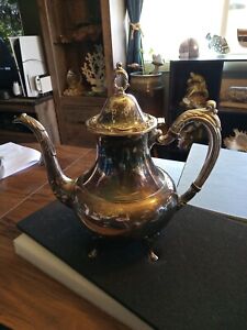 Vtg Antique Wm Rogers Silver Teapot Coffee Pot Footed Hinged Lid Floral