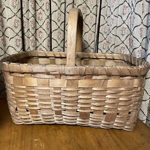 Antique Splint Farm Gathering Basket Woven Rim Heavy Wood Handle Large