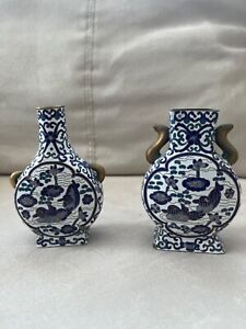 Pair Of Antique Chinese Blue And White Cloisonne Hand Painted Bird Vases
