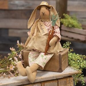 New Primitive Country Girl Bunny Doll Holding Carrot Rabbit Figure 17 