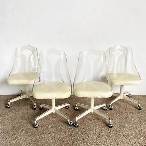 Mid Century Modern Lucite Back Cream Cushion And Metal Dining Chairs 4 Chairs