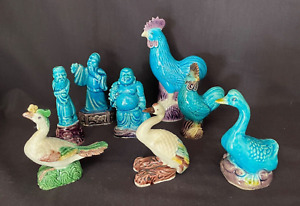 8 Antique Chinese Export Porcelain Turquoise Figurines Ducks Buddah More