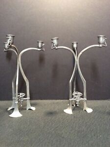 Art Nouveau Secessionist Pewter As Is Candle Holders