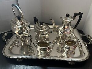  7pc Vintage Cheltenham Co Sheffield Silverplate Tea Set W Spirit Kettle Tray