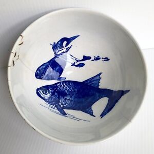 Antique Stoneware Bowl Blue Koi Fish Design Tea Bowl Circle Mark Chinese Pottery