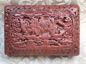 Antique Chinese Cinnabar Lacquer Hand Carved Trinket Jewelry Box With Lid