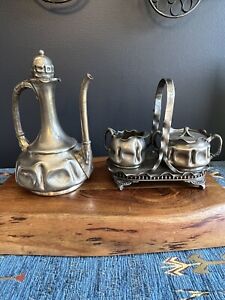 Set 4 Antique Pairpoint Quadruple Plate Silver Sugar Creamer Teapot Carrier