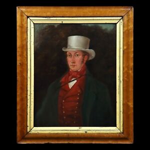 Antique C 1830 Wonderful Naive Folk Art Portrait Painting Of A Gentleman