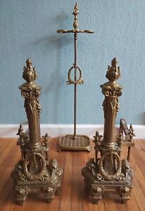 Antique Louis Xv Xvi Style Fireplace Andirons Chenet Tool Set Brass Jewel Wreath