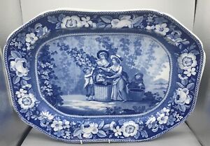 Antique Pearlware Blue Transfer Printed Platter Hop Pickers C1820