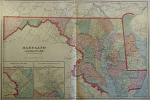 Vintage 1908 Folio Size Atlas Map Maryland Delaware Old Authentic Free S H