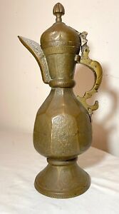 Antique 1800 S Islamic Turkish Ottoman Handmade Thick Tooled Copper Ewer Pitcher