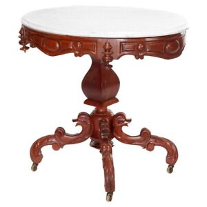 Antique Renaissance Revival Figural Carved Oval Marble Top Parlor Table C1880